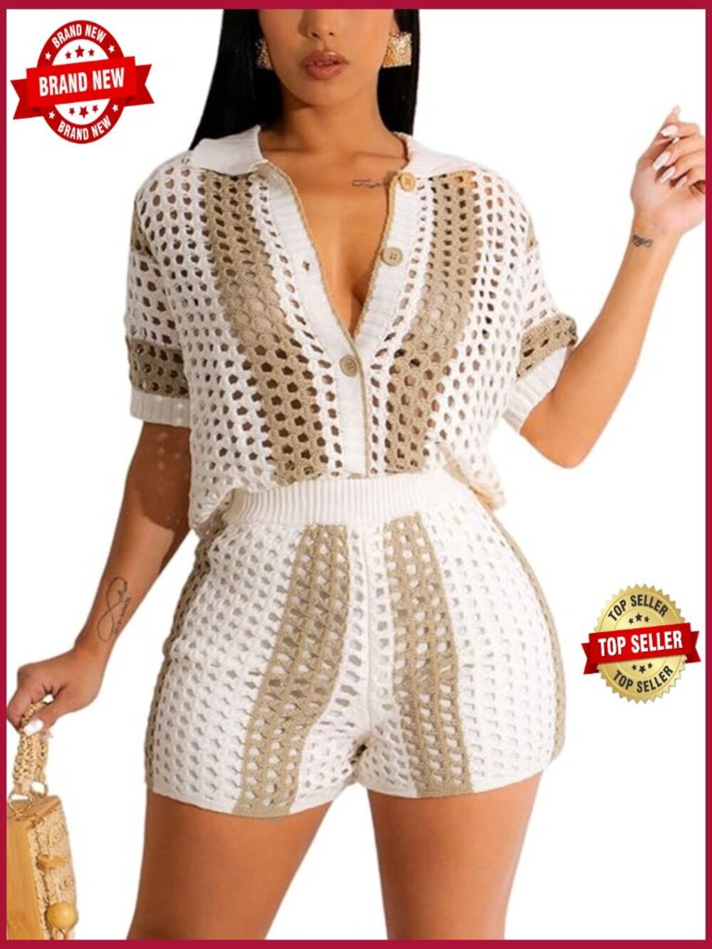 Crochet Beach Cover Up Short Set Women 2 Piece Outfit Button Down Shirt and